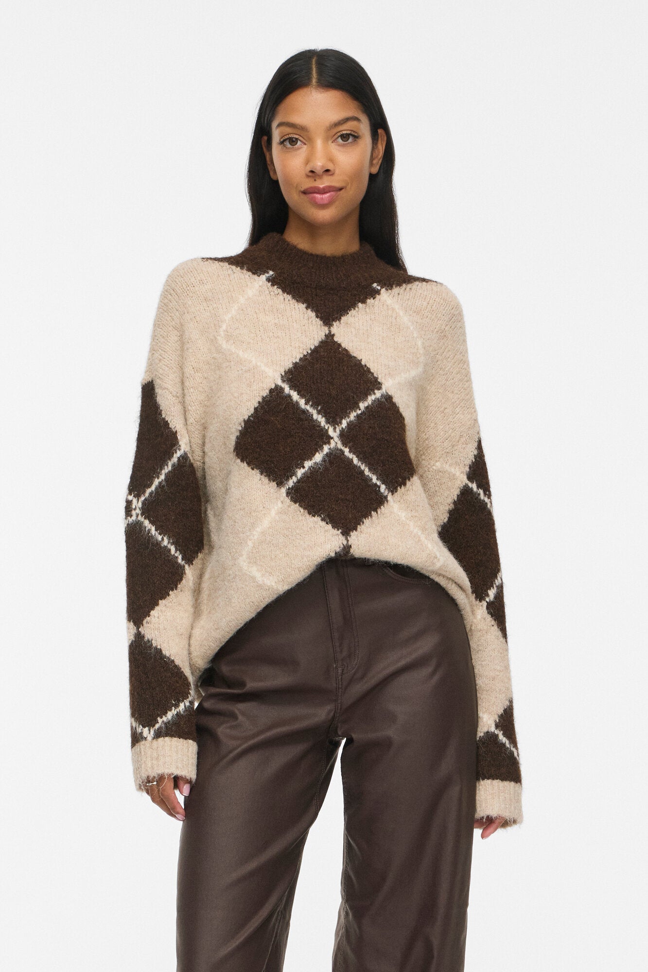 Vitoria High Neck Check striktrøje – Natural Melange